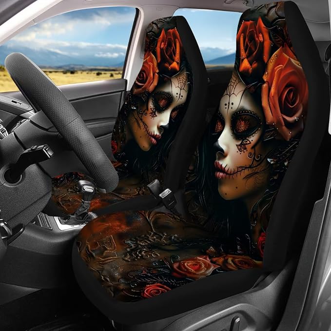 Red Rose Gothic Doll Print Auto Seat Cover Set of 13, Car Front & Back Seat Cover with Steering Wheel Cover, Seat Belt Covers Cup Holder Keychain, Fit for Most Cars SUV