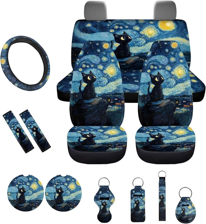 Black Cat Starry Night Print Car Accessories Car Seat Covers Full Set with Steering Wheel Covers+Seat Belt Pads+Coasters+Keychain+Lipstick Holder Universal Fit 13 Pack