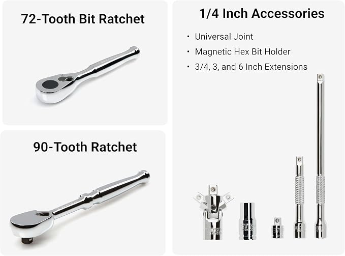 TEKTON 1/4 Inch Drive 6-Point Small Engine Shallow Socket, Bit, and Non-Quick-Release Ratchet Set with Case (50-Piece) | SKT07901