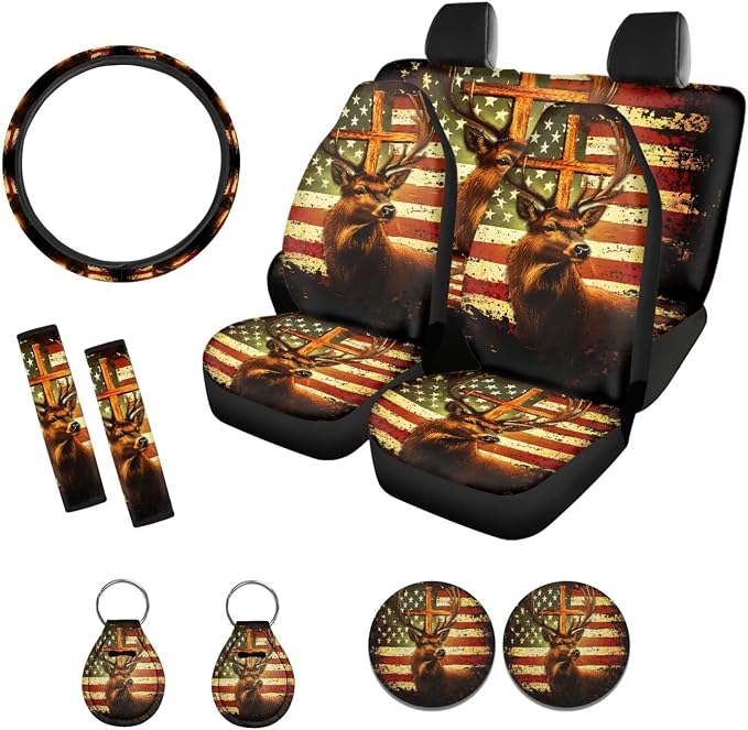 Suobstales Deer Cross American Flag Print Car Seat Covers 11 Pcs Car Accessories Interior Set Auto Front Rear Split Seats Protectors with Steering Wheel Cover, Seatbelt Pads, Cup Holder, Keychain