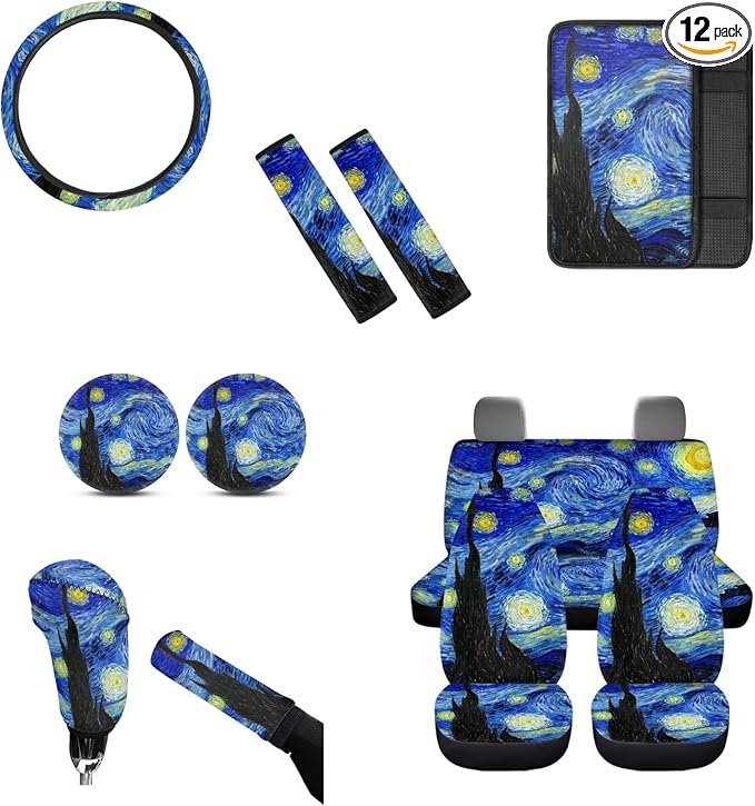 Car Interior Decorative Accessories Set of 12, Seat Covers Seatbelt Car Cup Coasters Car Armrest Cover- Universal Fit for Cars Trucks and SUVs(Blue), Van Gogh Starry Sky