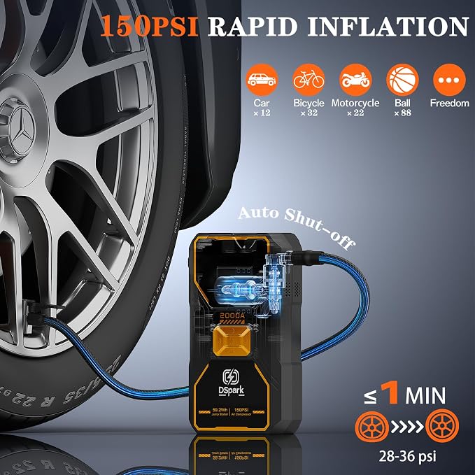Jump Starter with Air Compressor, Portable 2000A Car Battery Jump Box for 7.0 Gas/6.5L Diesel Vehicles, 150 PSI Tire Inflator Auto-Shut Off, Reverse Polarity Protection,3-Mode Emergency Light