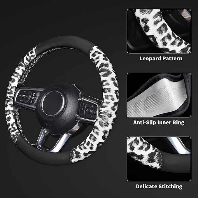 White Leopard Steering Wheel Cover, Universal 14.5-15 inch Breathable Microfiber Leather Anti-Slip Car Steering Wheel Protector for Women Men,Fit for Most Car, Trucks, SUV