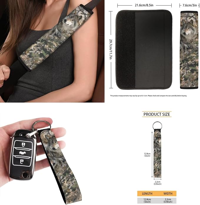 15Pcs Camo Hunting Wolf Car Seat Cover Full Set for Women Men with Car Steering Wheel Cover Seat Belt Cover Trash Bin Front Rear View Mirror Car Cup Holder Keychain