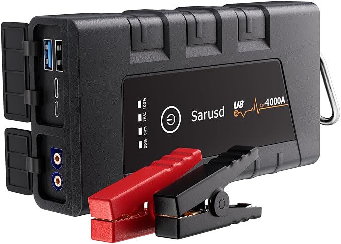 Car Jump Starter 4000A Car Battery Booster Jump Starter Up to 7L Gas/5.5L Diesel 12V Auto Battery Pack Portable Jump Starter Box with Jumper Cables, IP67 Waterproof, USB Cable & LED Light (U8)