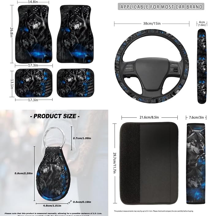 18 Pcs US Flag Gray Wolf Print Car Interior Accessories Set, Car Seat Covers Full Set with Auto Floor Mats Steering Wheel Cover Armrest Pad Handle Wraps Seat Belt Pads Cup Coaster Keychains