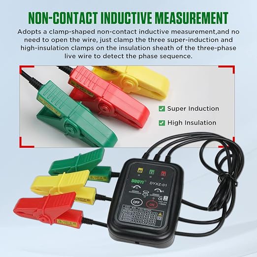 Phase Rotation Meter 3 Phase Sequence & Motor Rotation Tester, Non Contact Voltage Tester Short Detection 70V~600V AC Live Wire Inspection, with 23.62inch Cable Length,Carrying Bag