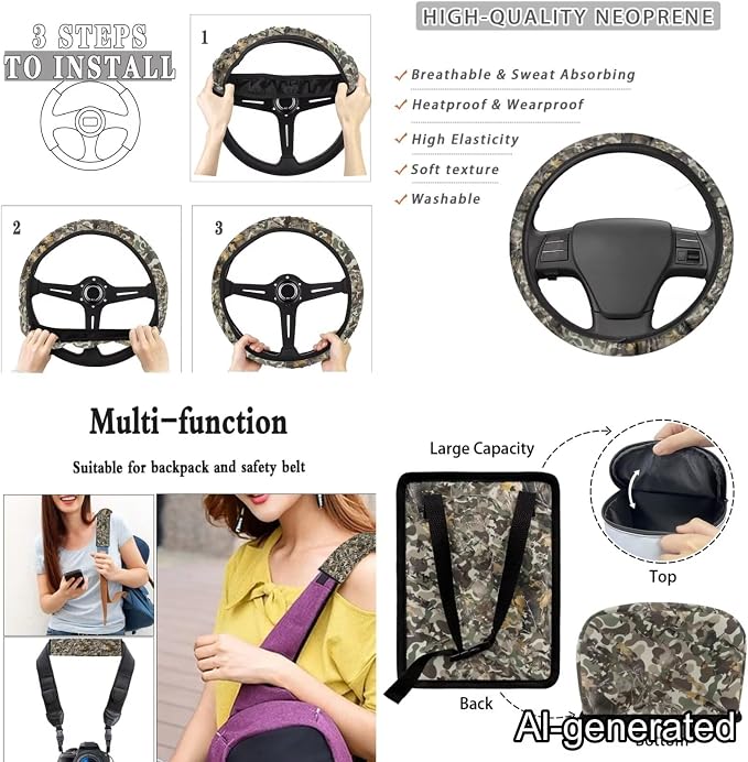 Dreaweet Car Seat Covers Full Set 15 Pcs Camo Deer Hunting Seat Covers with Steering Wheel Cover Seat Belt Pads Trash Bag Air Vent Pouch Rear View Mirror Cover Coasters Keychain
