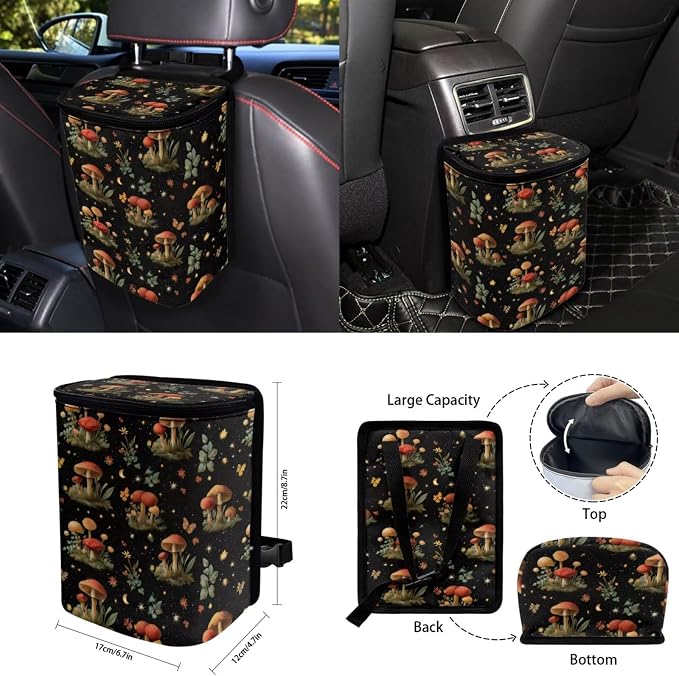 Mushroom 15Pcs Car Seat Cover Full Set Car Steering Wheel Cover Seat Belt Cover Trash Bin Front Rear View Mirror Car Cup Holder Keychain