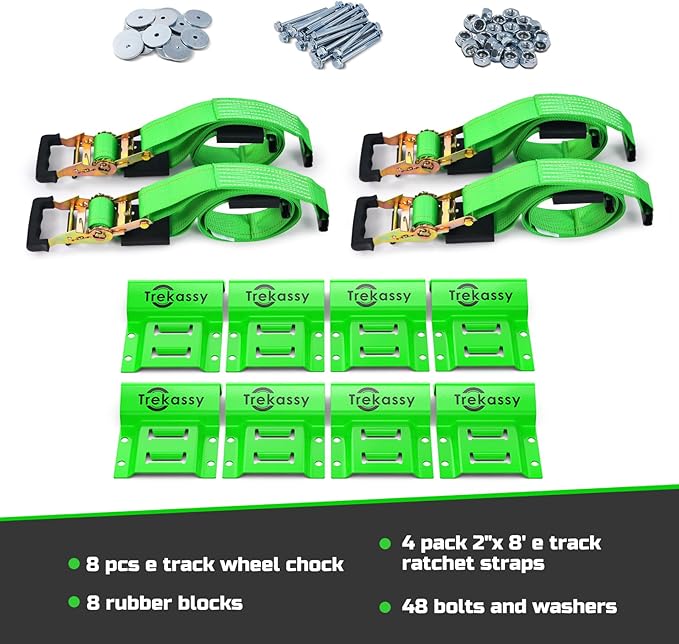 Trekassy Wheel Chock Tie-Down Kit with Rubber Blocks, (4,500lb Break Strength) Heavy Duty E Track Trailer Tire Straps for ATV, UTV, Lawn Mower- 4 Pack