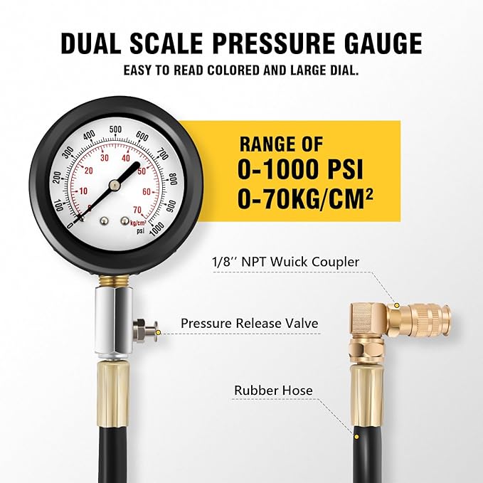 DNA Motoring TU-15A Diesel Engine Compression Gauge Tester with Gauge & Adapters, Cylinder Pressure Meter Teste Tool Kit for Cars Trucks, TOOLS-00337