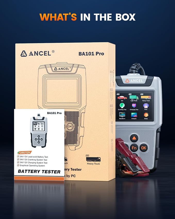 ANCEL BA101PRO Battery Tester for Car, Truck, SUV, RV, Boat, Heavy Duty Vehicles 12V/24V Lead-Acid Batteries, Cranking/Charging Battery Health Test, 2.8in Color Display
