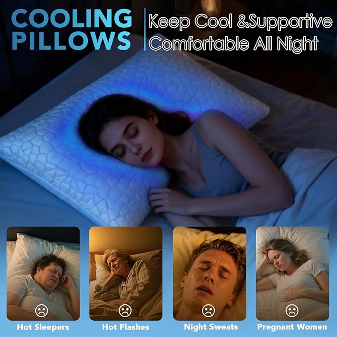 QUTOOL Cooling Pillow for Sleeping, CertiPUR-US Shredded Memory Foam Standard Pillow Set of 1, Cool Pillow for Hot Sleepers Adjustable Firm Pillow for Side,Back,Stomach Sleepers Soft Yet Support,White