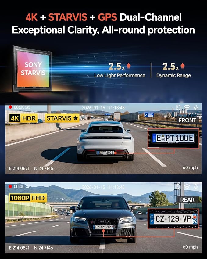 Coolcrazy 4K Dash Cam Front and Rear, STARVIS Sensor, Free 128GB Card Included, 5GHz WiFi-up to 20MB/s, Dual Dash Camera for Cars, Built-in GPS, G-Sensor, WDR/HDR Super Night Vision, 24H Parking Mode