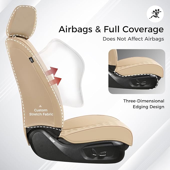 Huidasource Seat Covers for Car, Beige Car Seat Covers, Front and Split Rear Bench Seat Covers, Leather Seat Cushion Cover Protector Universal Fit for Most Cars,Vans,Trucks, SUVs (Full Set/Beige)