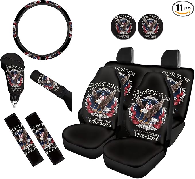 America 1776-2026 Eagle Car Seat Cover Set with Steering Wheel Wrap, 11 Pack, Patriotic Auto Accessories with Non-Slip & Breathable Fabric, 250th Anniversary Decorate for Car, SUV, Truck