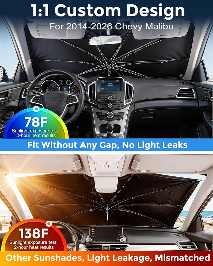 Weektic Custom Windshield Sun Shade Umbrella for Chevy Malibu 2014-2026, [Double Thickened Ice Crystal Coating] Sun & Heat Protection, Keep Vehicle Cool & Protect Interior