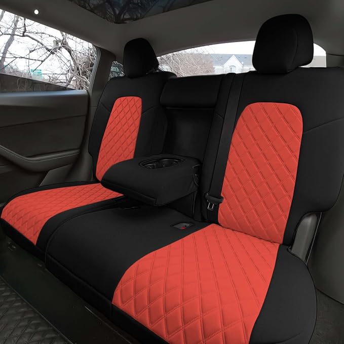 FH Group Custom Fit Car Seat Covers Specifically Made for 2020-2025 Tesla Model Y Ultraflex Neoprene Water Resistant Automotive Seat Covers - Rear Set Red