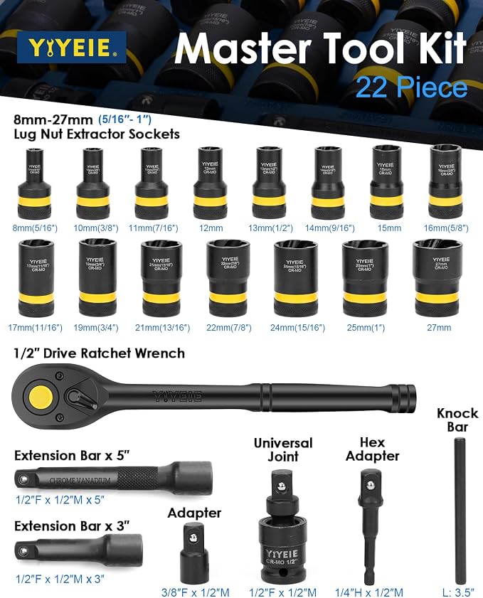 YIYEIE 22-Piece Bolt Nut Extractor Socket Set, 1/2" Drive Wheel Lock Removal Kit with Ratchet Wrench, Locking Lug Nut Removal Tool for Stripped, Rounded, Damaged Bolts (8mm-27mm | 5/16" to 1")