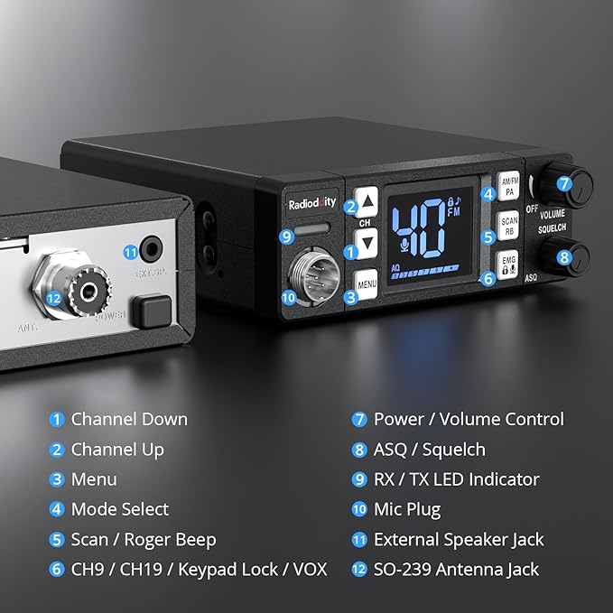 Radioddity CB-606 CB Radio, 40 Channel Mobile CB Radio with AM/FM/PA Modes, 2.2’’ LCD Screen, Instant Channel 9/19, VOX, Roger Beep, TOT, ASQ/SQ, for Off-Road Adventure