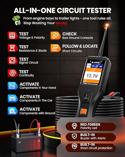 ANCEL PB60 Automotive Power Circuit Probe Tester 12-24V, All-in-One Electrical Diagnostic Tool with Component Activation, Short Finder, Digital Multimeter Ohmmeter Functions for Cars Trucks RVs ﻿