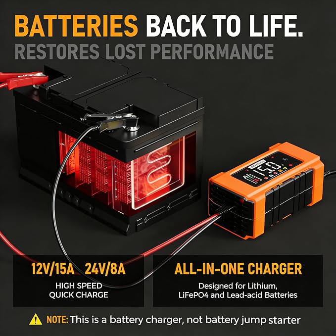 PZP 15-Amp 12V/24V Smart Battery Charger, Maintainer & Trickle Charger for LiFePO4, Lead Acid Batteries - Fully Automatic 9-Stage Charging w/Temp Compensation for Motorcycle Car Truck Lawnmower Boat