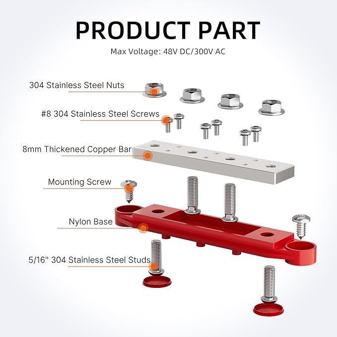 RVBOATPAT 400A Power Distribution Block 12V Bus Bar 4 x 5/16" (M8) Terminal Studs and 6 x #8 Terminal Screws 12 Volt Marine Bus Bar Positive & Negative