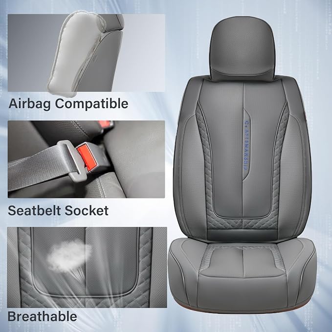 Coverado Car Seat Cover Front Seat, Gray Seat Covers Front Seats, Nappa Leather Waterproof, Car Seat Cushion, Car Seat Protector Universal Fit Most Cars