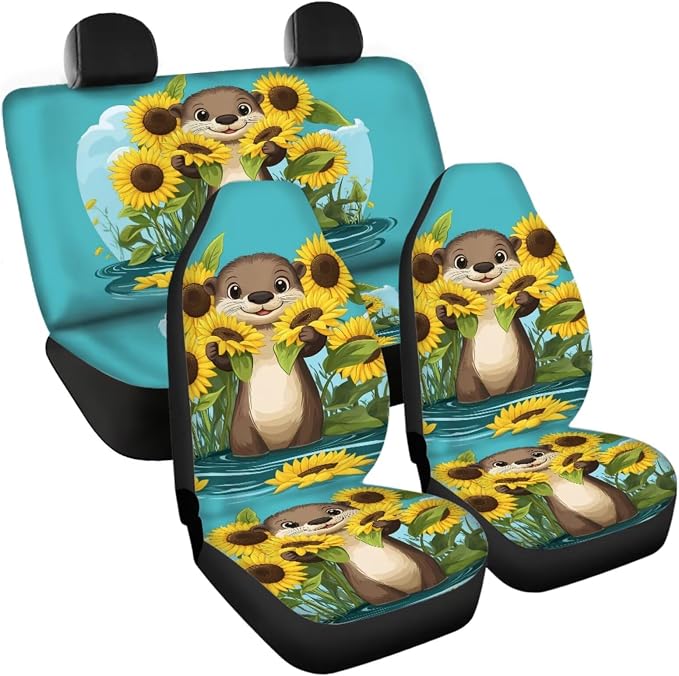 Otter Car Seat Covers Cute Auto Interior Accessories 11 Piece Set with Steering Wheel Protector/Seatbelt Pad/Cup Holder Coatsers/Shift Knob Handbrake Cover for Women