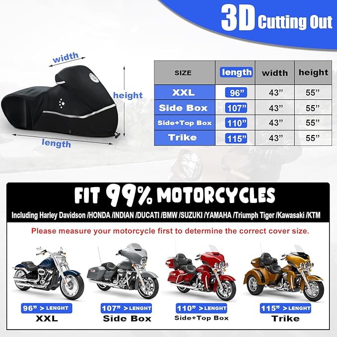 Motorcycle Cover 420D Heavy Duty All Season Universal Weather Waterproof Outdoor Protection 96" XXL Vehicle Cover/Black