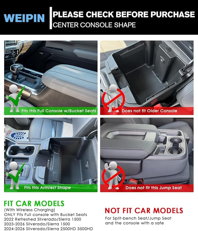 For 7PCS Silverado Sierra Center Console Organizer & Console Liners - Refreshed Models 2022-2026 Chevy Silverado/GMC Sierra 1500-2024-2026 Silverado/Sierra 2500HD 3500HD
