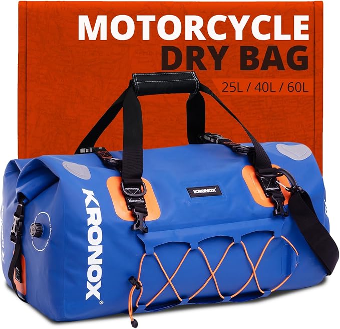 KRONOX Motorcycle Duffel Bag Waterproof, 40L Blue – Durable Motorcycle Luggage & Saddle Bags. Back Seat Dry Bag for Travel, Commute & Dirt Bike Gear