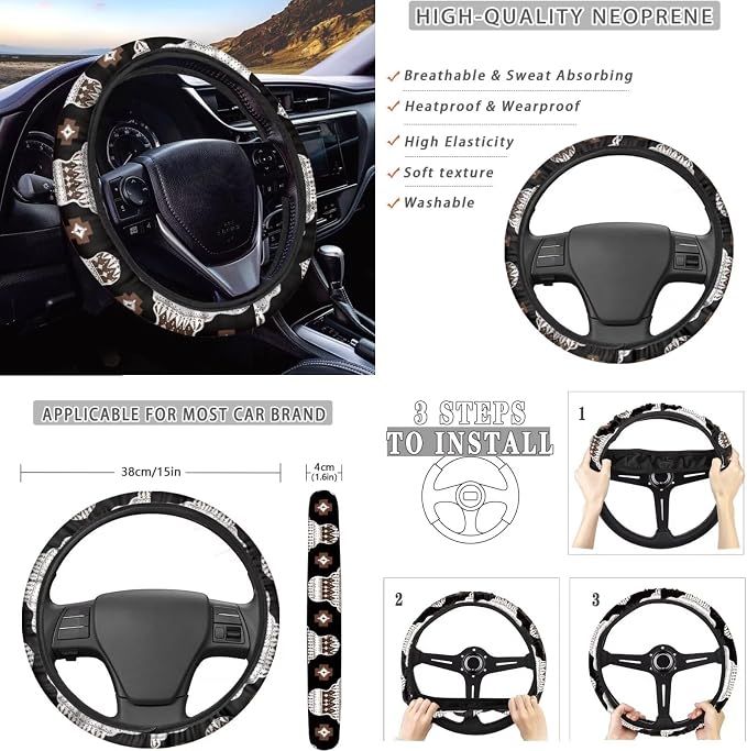 Dreaweet Native American Car Seat Covers Full Set 12 Pcs Aztec Tribal Geometric Car Steering Wheel Cover/Armrest Cover/Seatbelt Covers/Cup Coasters/Gear Shift Cover/Handbrake Cover,Universal Fit