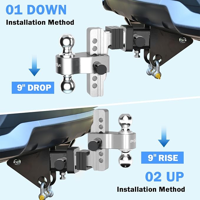 Adjustable Trailer Truck Drop Hitch - Fits 2 Inch Receiver Only, 6 Inch Drop/Rise Dual Ball Mount 2" and 2-5/16" Up to 12,500 LBS GTW, Heavy Duty Towing Hitch with 2 Locks & 4 Silencer Pads (Silver)