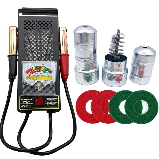 Car Alternator Tester 12V 6V with Voltmeter Alligator Clips, 2PCS Battery Terminal Cleaner, 4PCS Anti-Corrosion Fiber Washers for Car, RVs, Boats