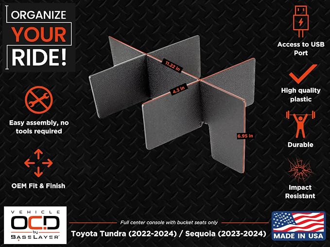 Vehicle OCD - Center Console Divider and Tray for Toyota Tundra (2022-2025) / Sequoia (2023-2025) - Made in USA