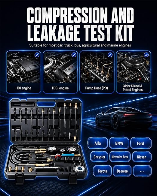 47PCS Compression and Leakage Tester Kit for Diesel & Petrol, Dual Gauge Compression & Leak Down Test, 0-700 PSI / 0-50 Bar, Compression Cylinder Leakdown Test Kit for HDI, TDCi, Pumpe Duse