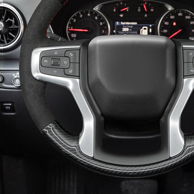 MEWANT DIY Black Shiny PU Carbon Fiber Embossed Suede Steering Wheel Wrap for Chevy Silverado Blazer 1500 Silverado 2500