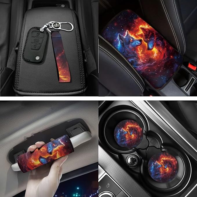 18 Pcs Flame Wolf Print Car Seat Covers Full Set Car Accessories Set Auto Steering Wheel Cover Floor Mats Armrest Pad Covers Seat Belt Pads Handle Wraps Cup Coaster Keychain