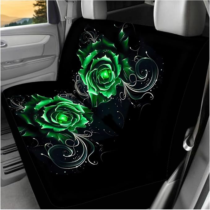 Ystardream Green Rose Car Seat Covers Full Set Washable for Car for Women Accessories with Steering Wheel Cover+Seat Belt Cover/Coasters+ Keychain,Universal Full Set 11-pcs