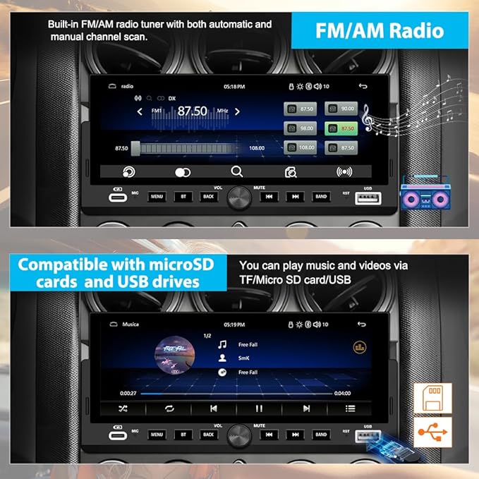 6.86 inch Single Din Car Stereo with CarPlay&Android Auto HD IPS Touchscreen Radio with Bluetooth 5.0, 720P BackupCamera with 6M Cable, Support USB Type-C Charging/USB/Microphone/FM/EQ/GPS/SWC
