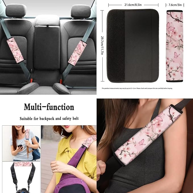 Pink Cherry Blossom Butterfly Car Seat Covers for Women Lady，12 Pcs Flower Car Steering Wheel Cover Shoulder Seatbelt Pad Armrest Cushion Keychain Car Coaster Universal Fit Most Vehicle