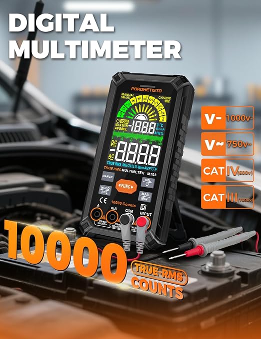 Smart Digital Multimeter Auto-Ranging,10000 Counts True-RMS | POROMETISTO Rechargeable Voltmeter Multimeter with NCV & Capacitance Check,Dual Fuse Electric Tester for HVAC & Automotive