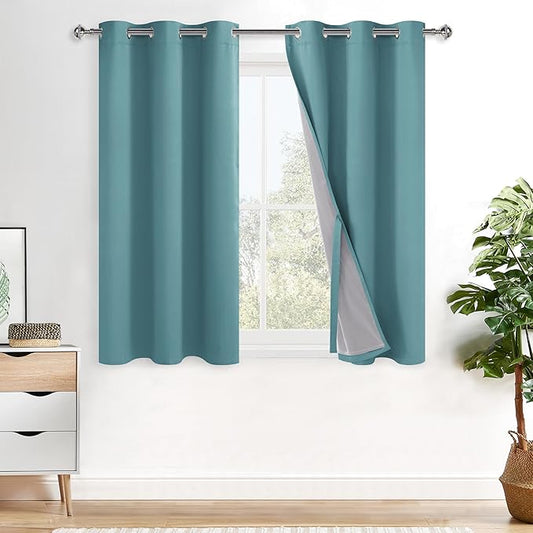 XWZO 100% Blackout Curtains - Thermal Insulated Black Liner Curtains, Noise Reducing and Heat Blocking Drapes for Hall and Studio Windows with Tiebacks, Stone Blue, W38 x L45, Set of 2
