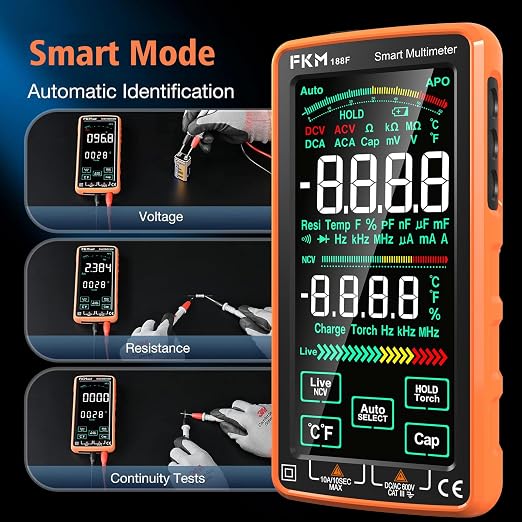 FKM Pro Digital Multimeter Tester,Compact & Rechargeable Voltmeter w/ 5″ Touch Screen,Auto-Ranging,TRMS 6000 Counts,High Accuracy,Smart Electrical Tester Measures DC/AC Voltage,Current,Resistance,Temp