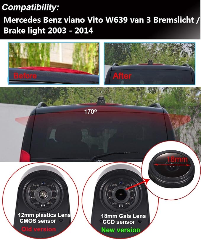 1280 * 720 Pixel Third Roof Brake Lamp Car Backup Camera Replacement for Mercedes-Benz Viano W639 Vito/Mixto Kasten Bus W639 Waterproof Night Vision Reverse Parking+7" inch TFT LCD Mirror