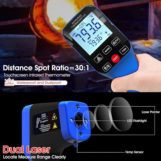 Pyrometer AI-1600APP, -58℉~2912℉ High Temp Thermometer Gun D:S=30:1 Dual Laser Industrial ir Thermometer Gun w/Touch Buttons, Rechargeable Can be Connected to Phone APP (NOT for Human Temp)