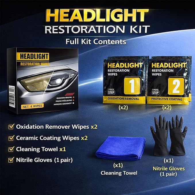 Headlight Restoration Wipes Kit, 2 Step Headlight Cleaner & Protective Coating Wipes, Removes Oxidation & Yellowing, Restores Clarity & Shine,Headlight Polish no Power Tools Required (5PCS)