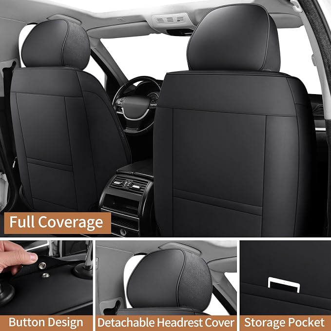 Black Leather Car Seat Covers Front Seat Breathable Seat Protectors Waterproof Automotive Seat Covers Universal Fit for Most Cars SUVs Trucks Vehicles