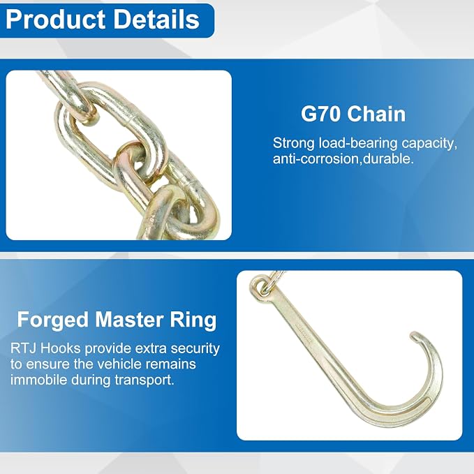 2 Pack 5/16 Inch x 6 ft Grade 70 Tow Chains with 15 Inch Long Shank J Hook and R T J Cluster & Grab Hooks, 4700 lbs Working Load Limit